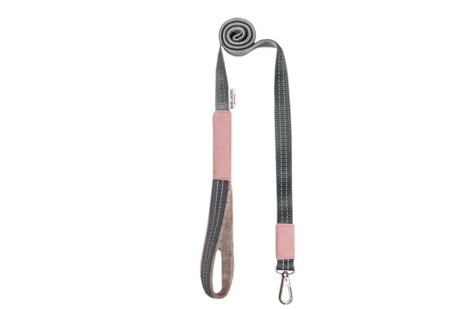A pink and grey dog leash with a handle, called the dog leash YETI rose by Bowlandbone.