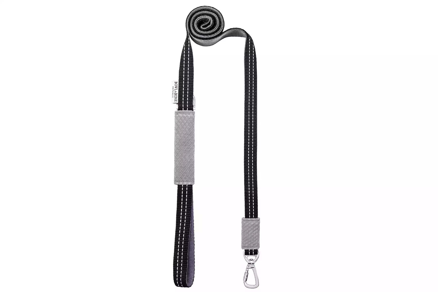 A black and gray Bowl&Bone Republic dog leash SOHO latte with a hook on it.