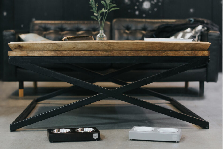 A wooden dog bowl with a black leather couch from Bowl&Bone Republic.
