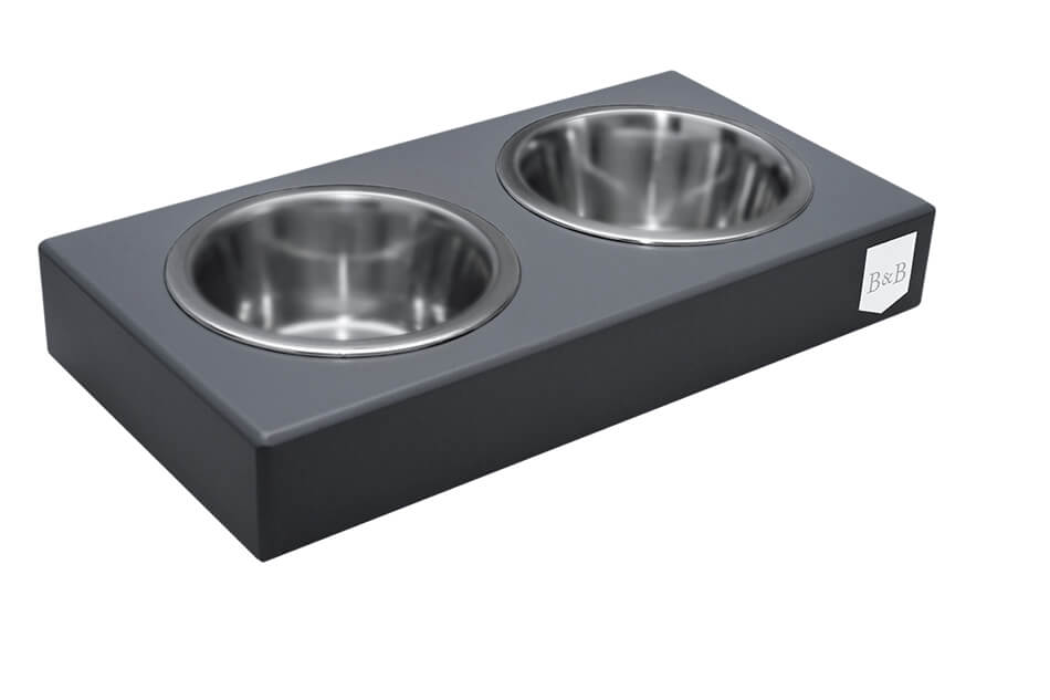 Two Bowl & Bone Republic dog bowl DUOs in graphite on a white background.