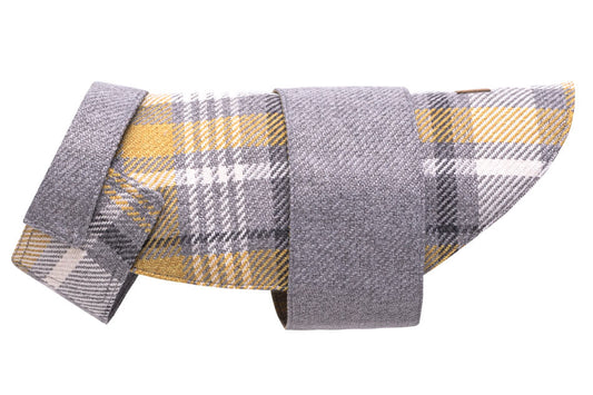 A Bowl&Bone grey and yellow plaid dog coat.