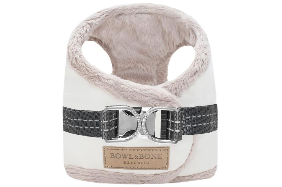 A dog harness with Bowlandbone black buckles by Bowl&Bone Republic.