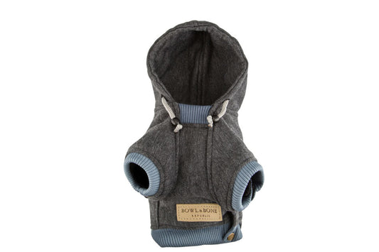 A Bowlandbone Republic dog hoodie YOLO graphite with blue trim.