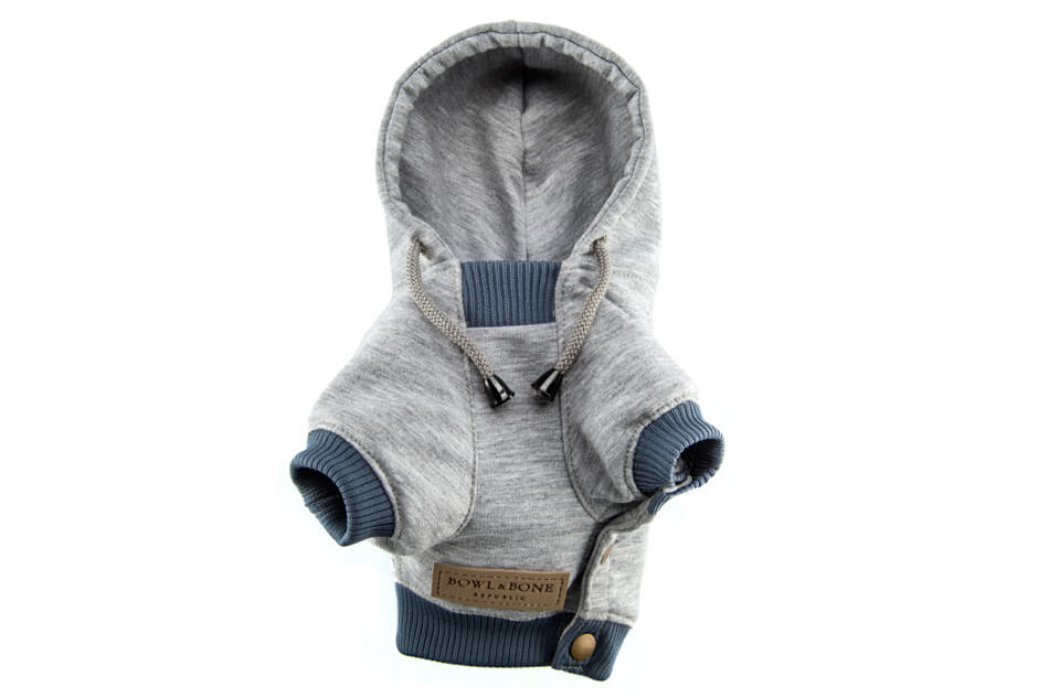 A YOLO grey Bowl&Bone Republic dog hoodie on a white background.