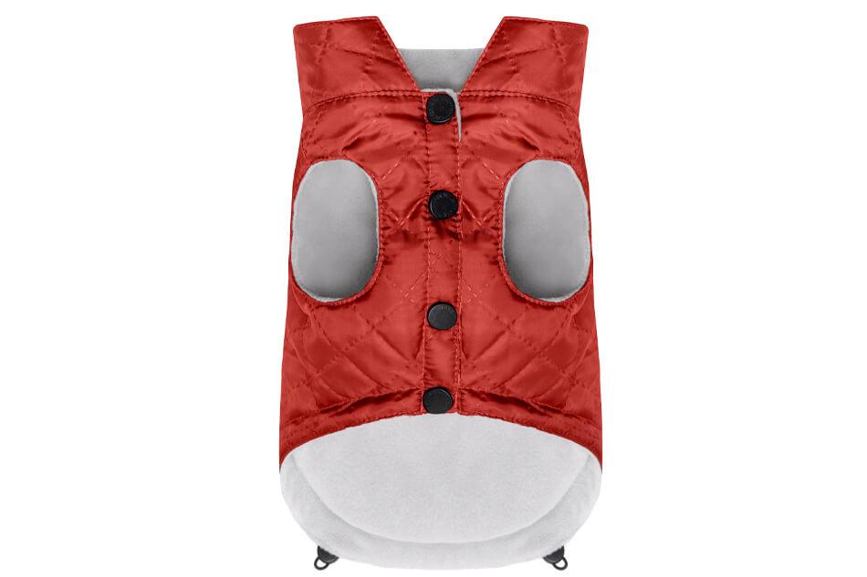 A Bowl&Bone Republic red dog jacket with buttons on the back