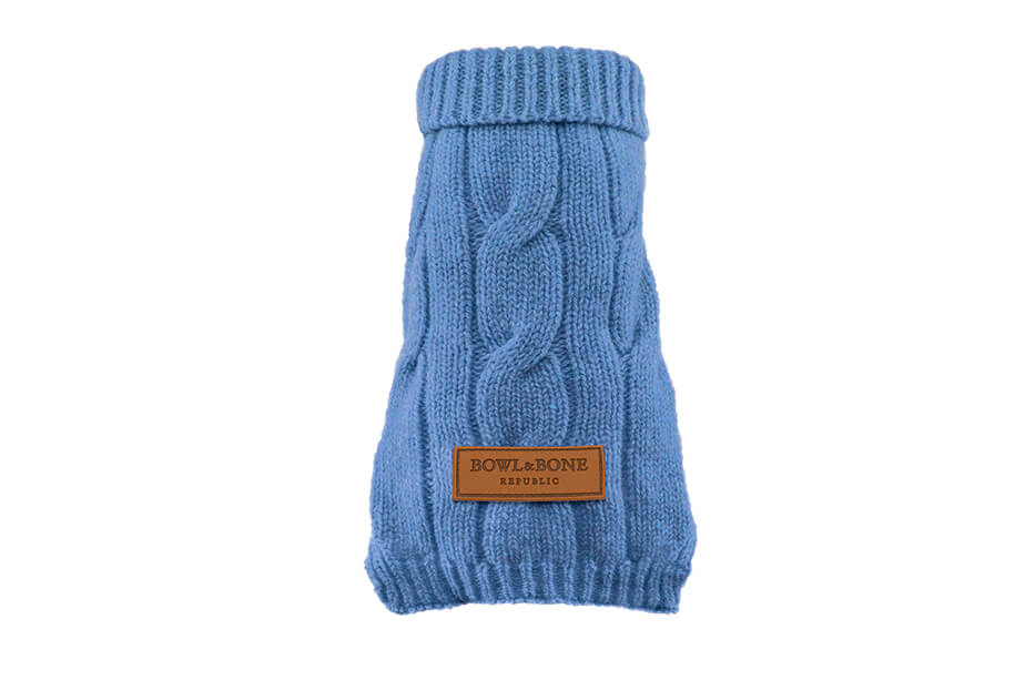 A Bowl&Bone Republic blue dog sweater with a leather label.