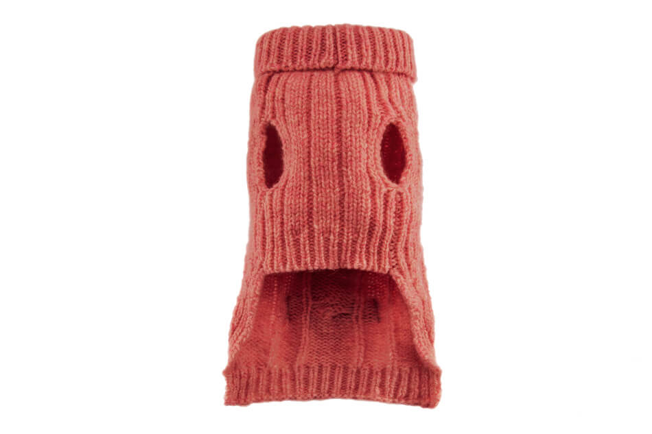 A Bowlandbone dog sweater, Bowl&Bone Republic ASPEN pink with a hole in the middle.