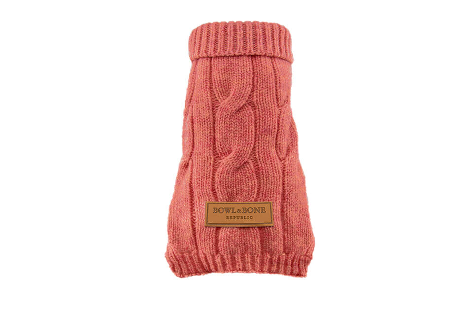 A pink dog sweater featuring a Bowl&Bone Republic label.