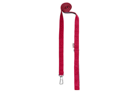 A Bowlandbone dog leash BLOOM red on a white background.