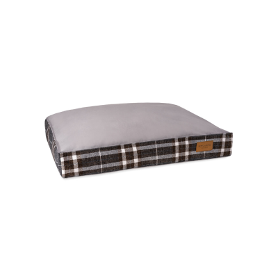 A grey and black plaid dog cushion bed by Bowl&Bone Republic on a white background.