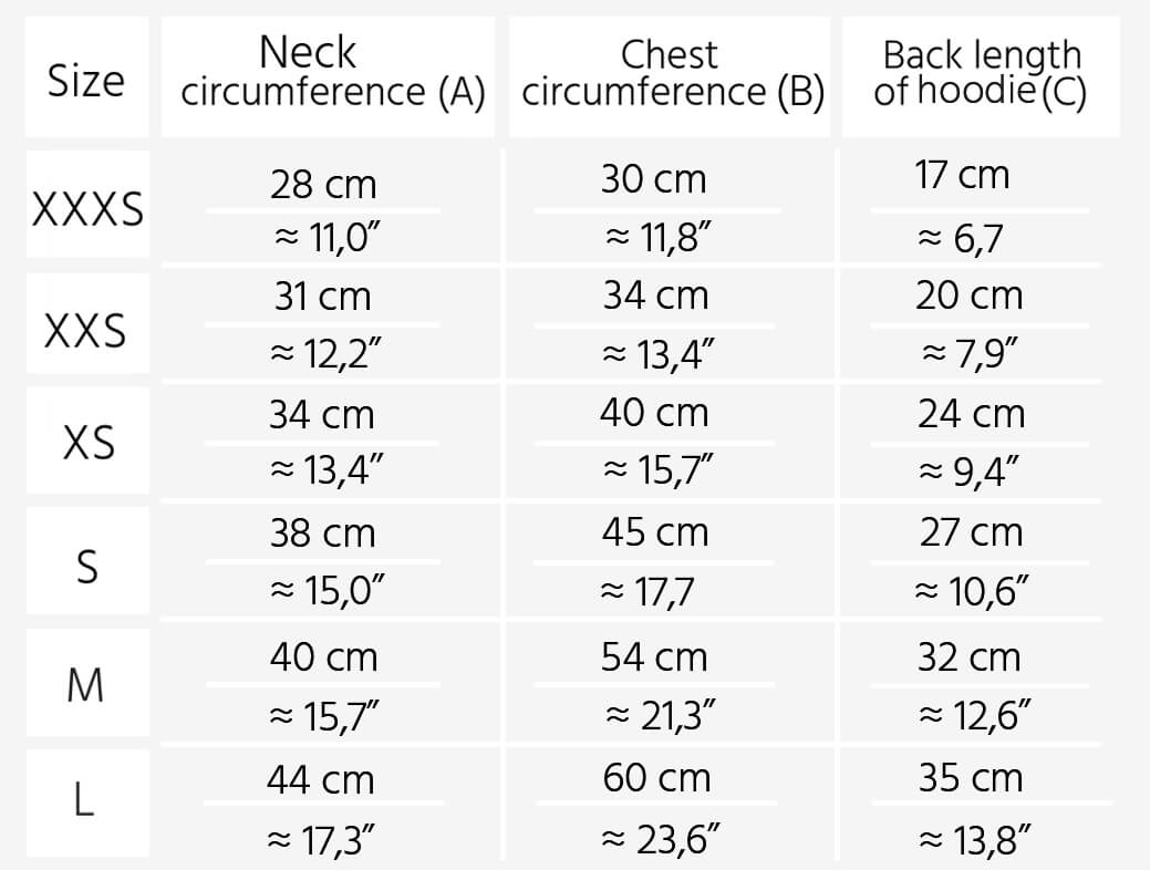 A chart displaying measurements of a woman's clothes, particularly the Bowlandbone brand's LOVE grey dog hoodie.
