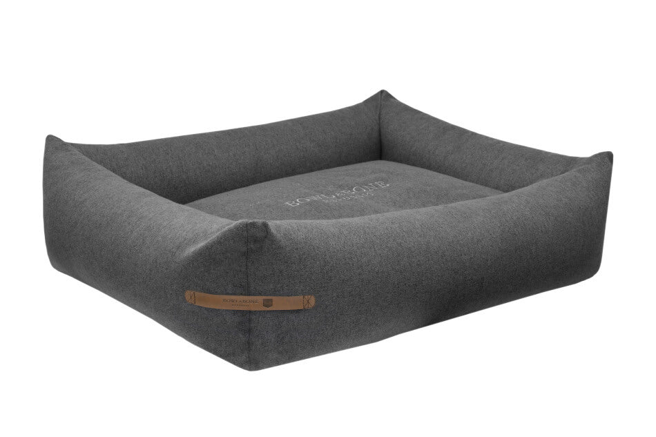 A Bowl&Bone Republic dog bed LOFT graphite with a leather handle.
