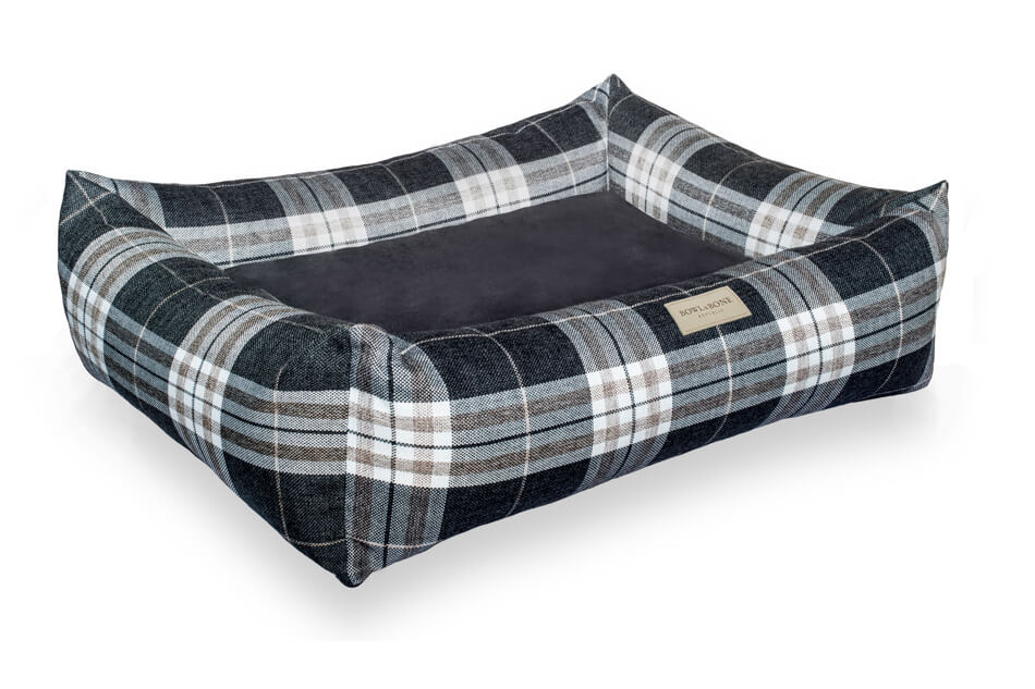A black and white plaid dog bed SCOTT graphite by Bowlandbone on a white background.