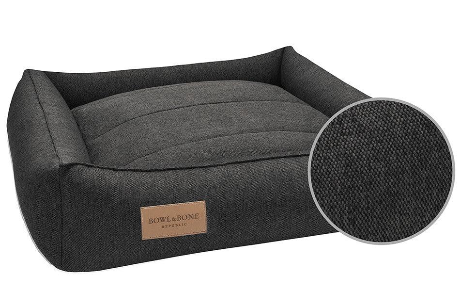 A Bowl&Bone Republic dog bed URBAN graphite with a brown tag.
