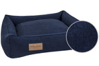 A Bowl&Bone Republic dog bed in URBAN navy with a brown label.