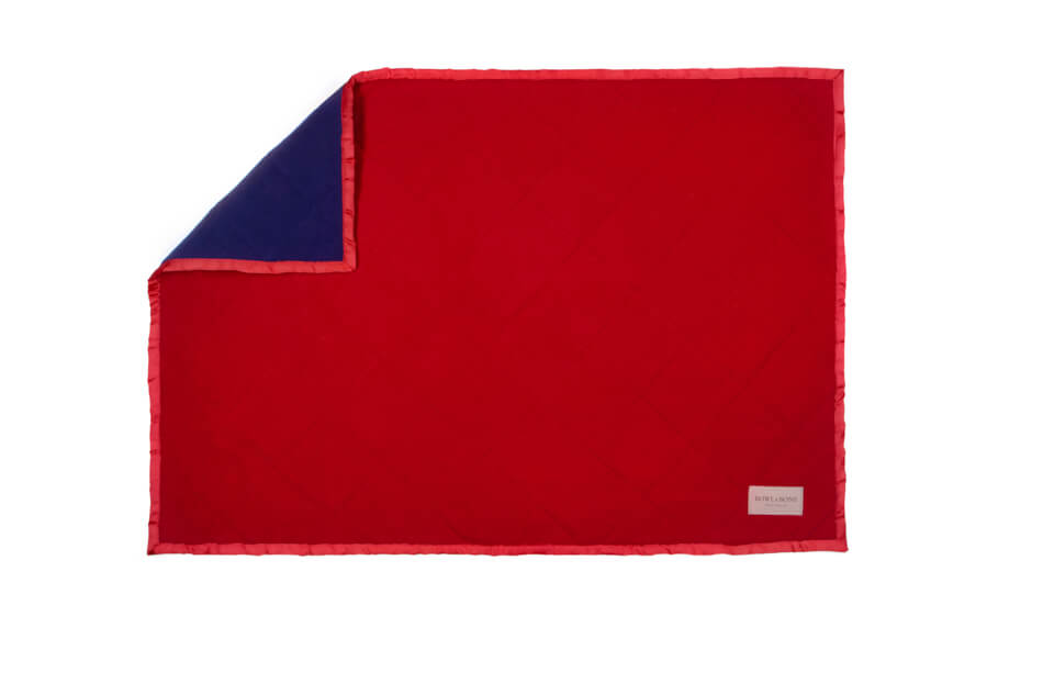A red and blue Bowl&Bone dog blanket on a white background.