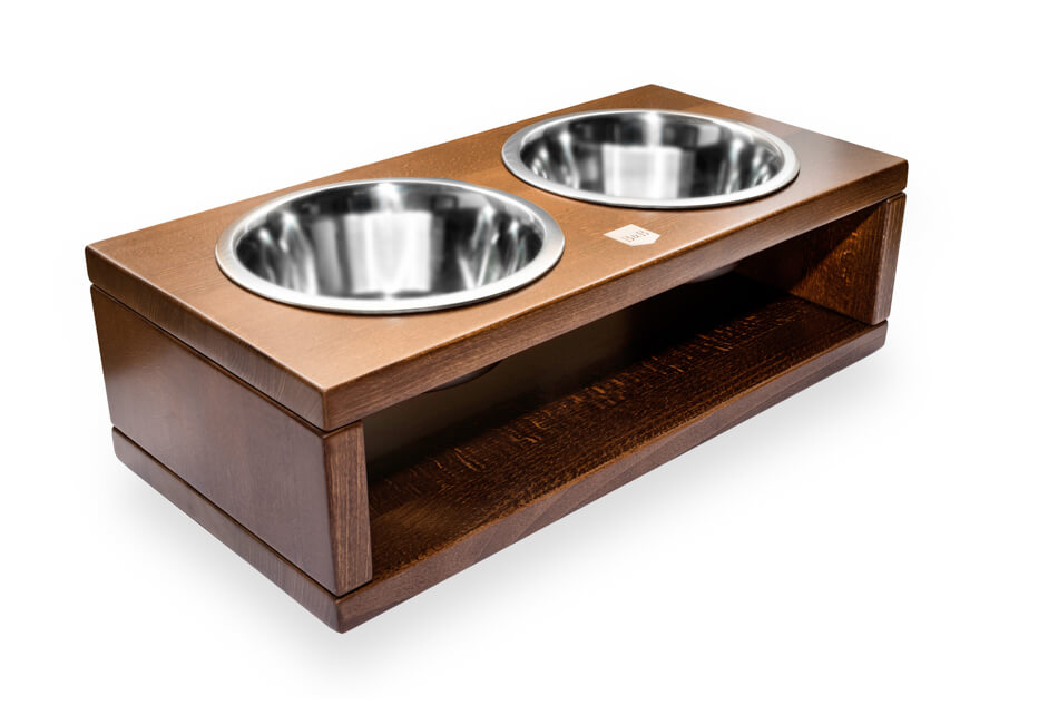 A Bowlandbone wooden dog bowl stand with two Bowl&Bone Republic stainless steel bowls.