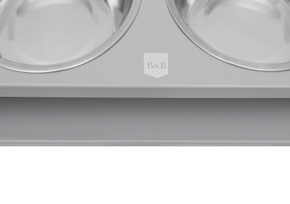 A Bowlandbone dog bowl in DELI grey featuring two bowls.