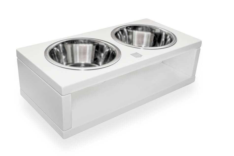 A white dog bowl holder with two stainless steel Bowlandbone DELI jasmine bowls from Bowl&Bone Republic.