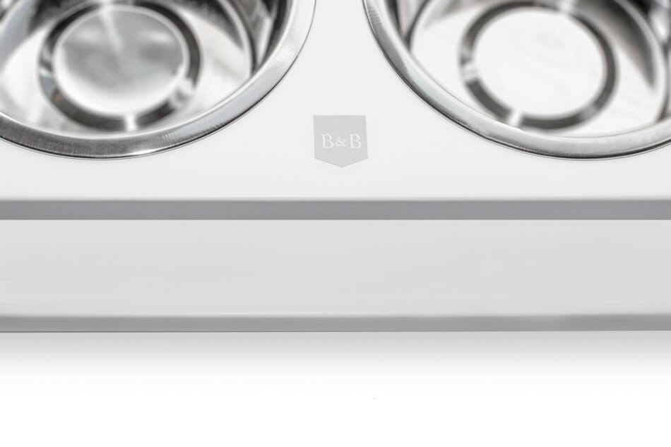 Two Bowl&Bone Republic stainless steel dog bowls on a white surface.