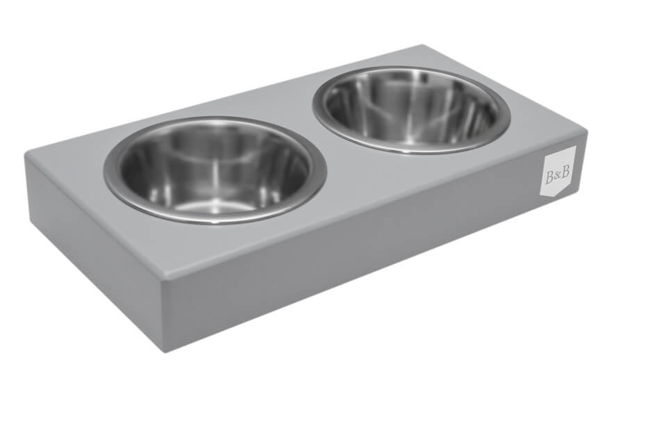 Two grey dog bowls by Bowl&Bone Republic on a white background.