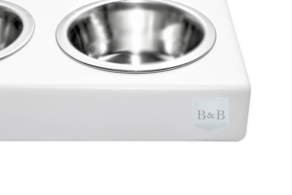 Three B&B dog bowls DUO jasmine by Bowl&Bone Republic on a white plate with the word b & b.