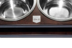 Two Bowl&Bone Republic dog bowl GRANDE chestnut on a wooden stand.