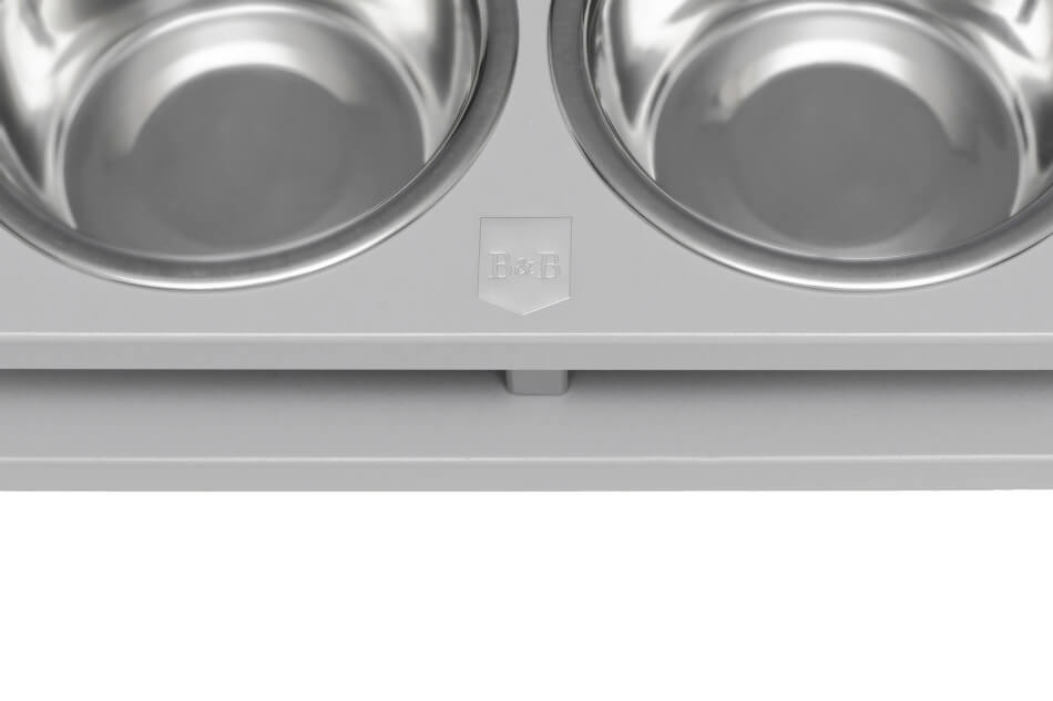 A Bowl&Bone Republic stainless steel dog bowl holder with two grey bowls.