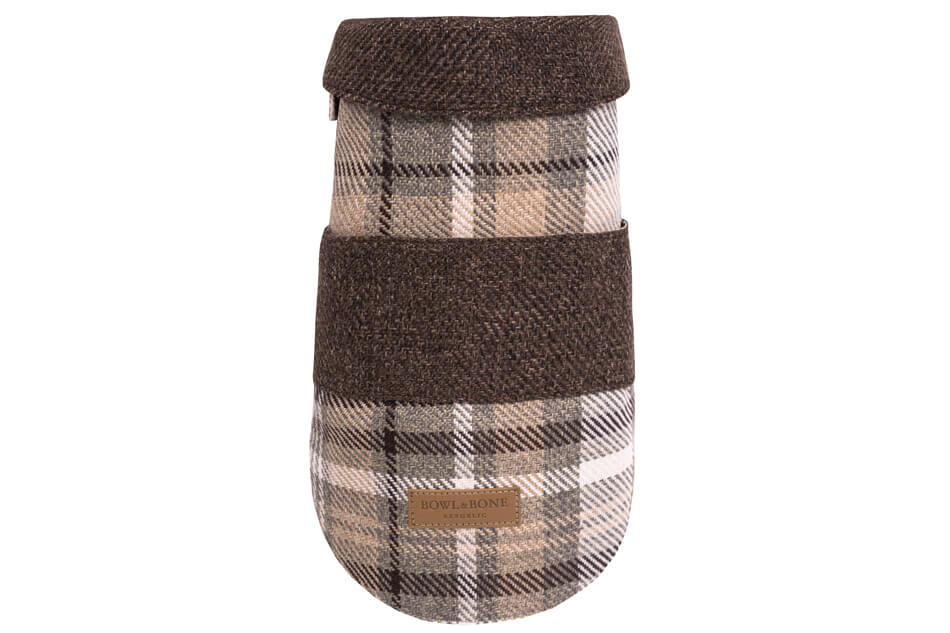 A brown and tan plaid Bowl&Bone Republic dog coat.