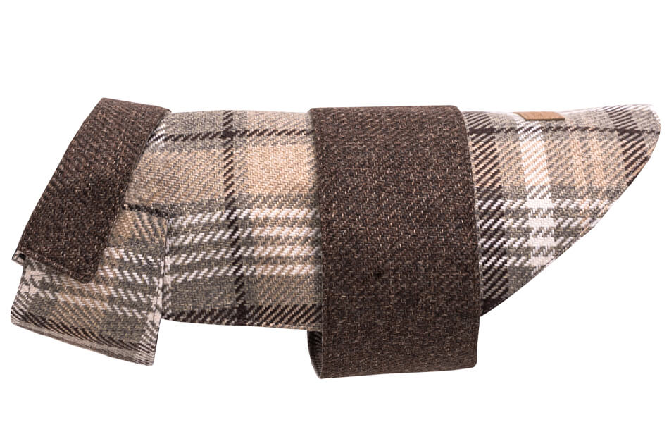 A brown and white plaid dog coat from Bowl&Bone Republic.