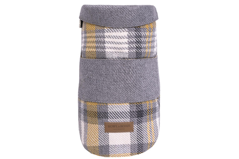 A grey and yellow plaid dog coat made by Bowl&Bone Republic.