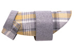 A Bowl&Bone grey and yellow plaid dog coat.