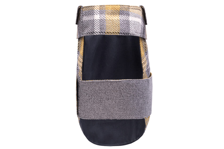 A Bowlandbone grey and yellow plaid slipper on a white background.