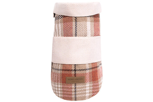 A pink and tan plaid dog coat by Bowl&Bone Republic on a white background.