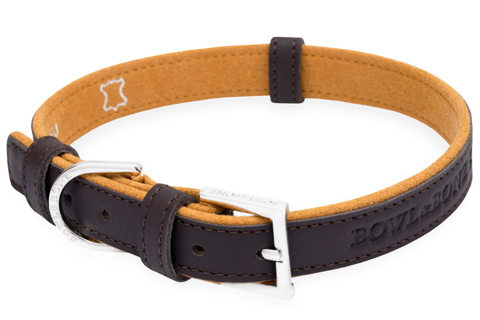 A dog collar MONACO chocolate from Bowl&Bone Republic with a silver buckle.