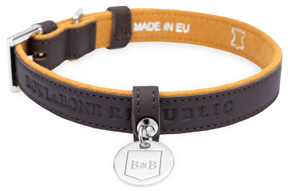 A chocolate dog collar from Bowl&Bone Republic adorned with a silver charm.