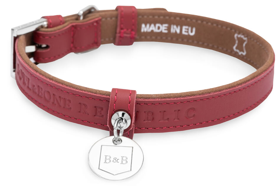 A red leather dog collar MONACO claret with a silver tag by Bowl&Bone.