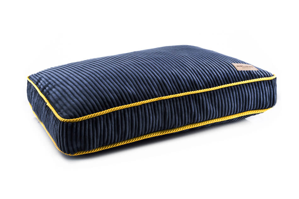 A Bowl&Bone Republic blue and yellow striped dog cushion bed.