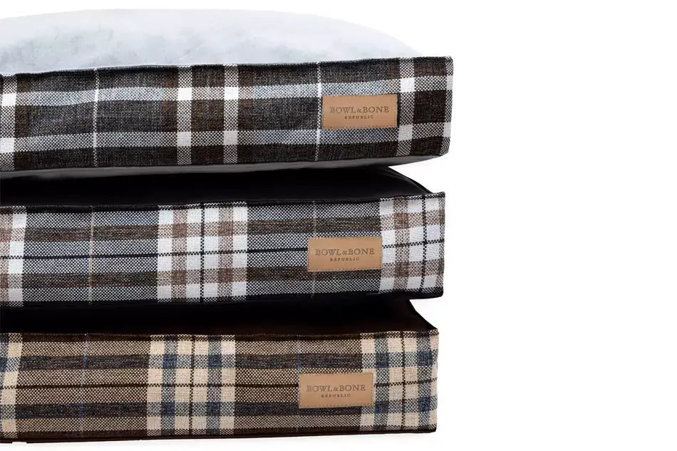 Stacked Bowlandbone SCOTT graphite plaid dog cushion beds, from Bowl&Bone Republic.