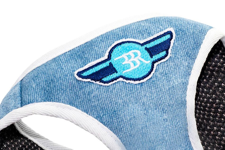 A Bowlandbone dog harness in DENIM blue with the r logo from Bowl&Bone Republic.