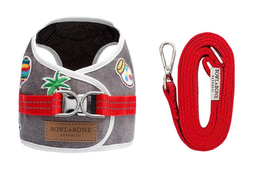 A Bowl&Bone Republic dog harness DENIM grey with a leash attached.