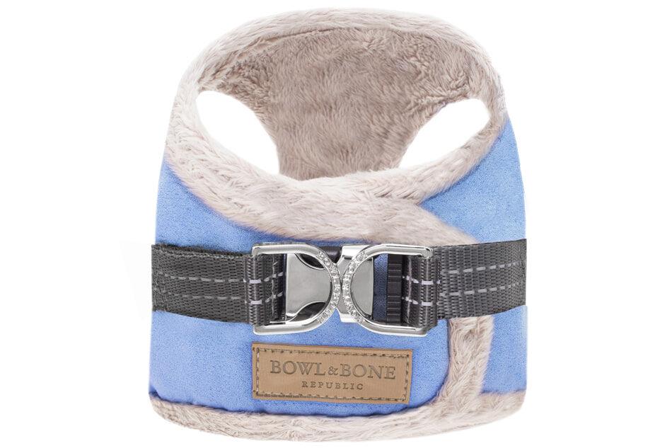 A Bowlandbone Republic dog harness in YETI blue with a black buckle.