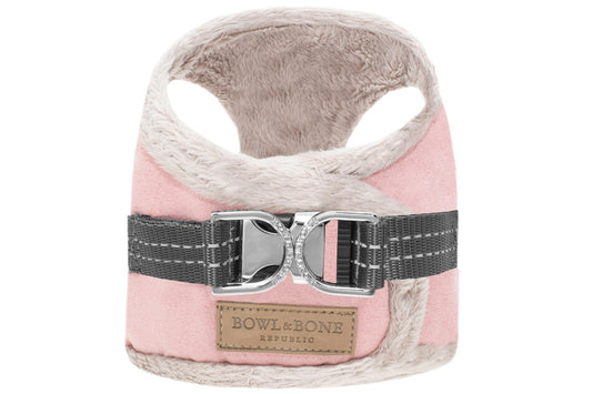 A pink dog harness from Bowl&Bone Republic with a black buckle.