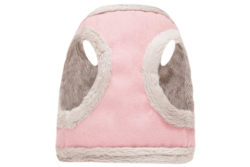 A Bowl&Bone Republic pink and grey dog harness with fur trim.