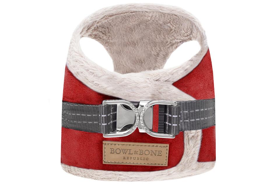 A red and grey Bowl&Bone Republic dog harness with a buckle.