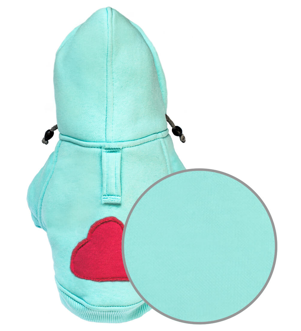 A CLOUD azure dog hoodie with a red heart on it from Bowl&Bone Republic.