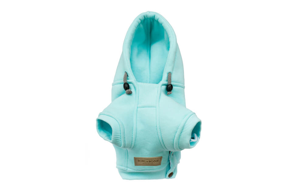 A Bowl&Bone Republic dog hoodie in a light blue color.