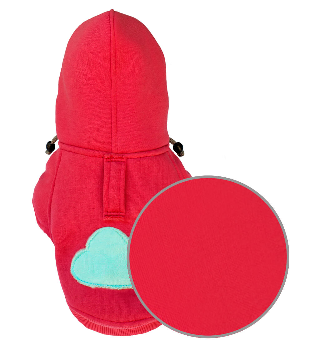 A Bowlandbone red dog hoodie with a blue CLOUD coral from Bowl&Bone Republic.