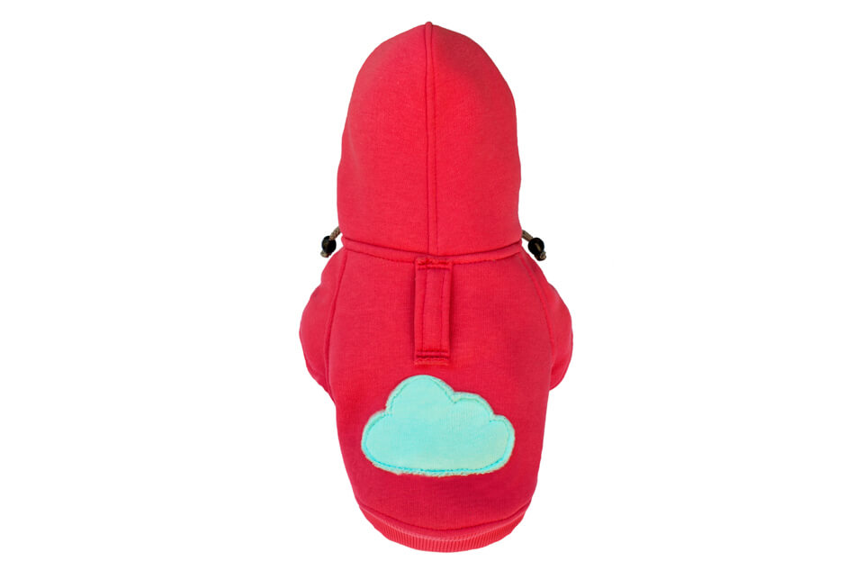 A red dog hoodie by Bowl&Bone Republic with a cloud on it.