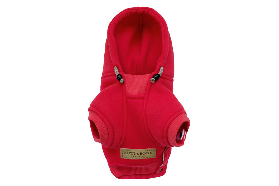A coral dog hoodie with a side zipper from Bowl&Bone Republic.